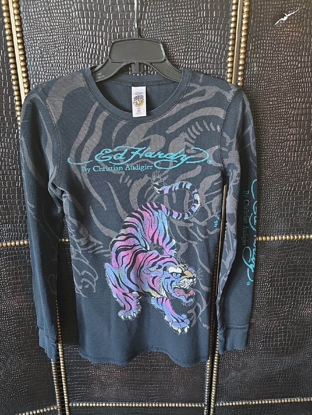 Ed Hardy Black Long Sleeve Tee with Turquoise Logo and Multicolor Tiger